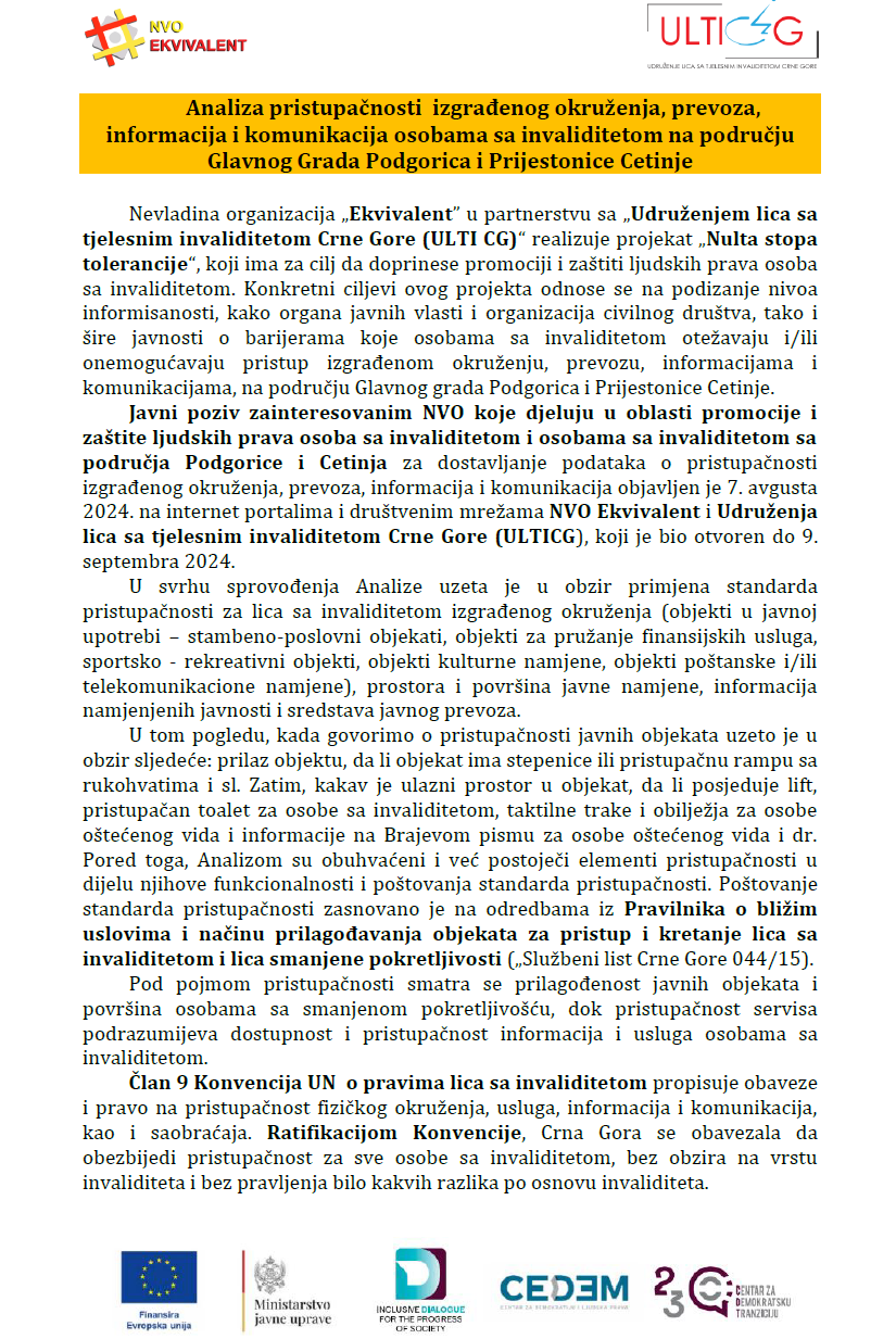 Analiza pristupačnosti  izgrađenog okruženja, prevoza, informacija i komunikacija osobama sa invaliditetom na području Glavnog Grada Podgorica i Prijestonice Cetinje